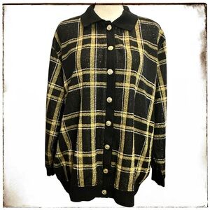 Eccotoo Sweater 2X Black Gold Metallic Cardigan Vintage